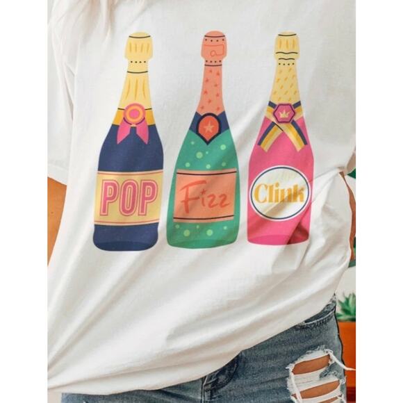 Pop Fizz Clink Golden Rose Champagne Trio Oversized T-Shirt Sz M/L - Picture 9 of 9